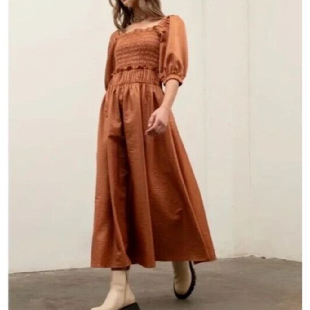 Anthropologie Moon River Satin Smocked Midi Dress Copper Puff Sleeves Size S